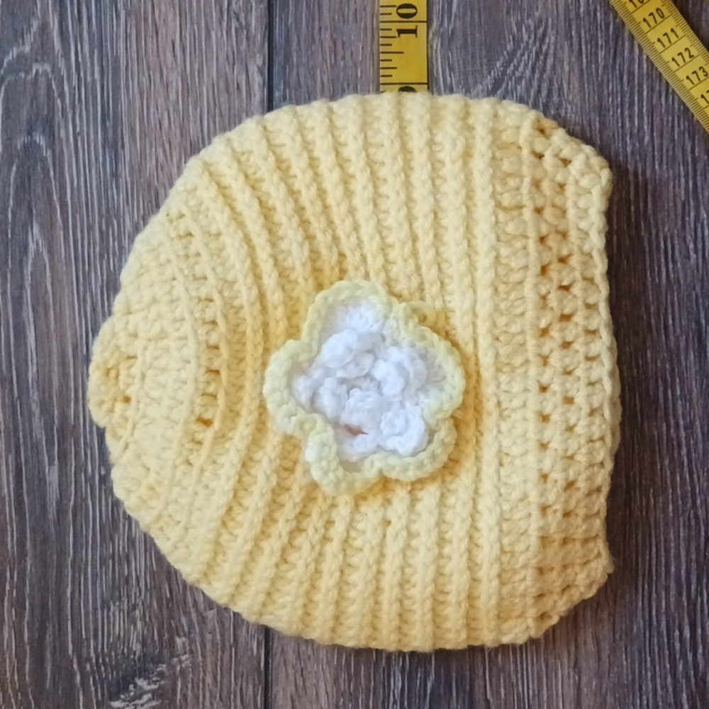 Beanie Hand Crochet Yellow Knit Hat with Flower